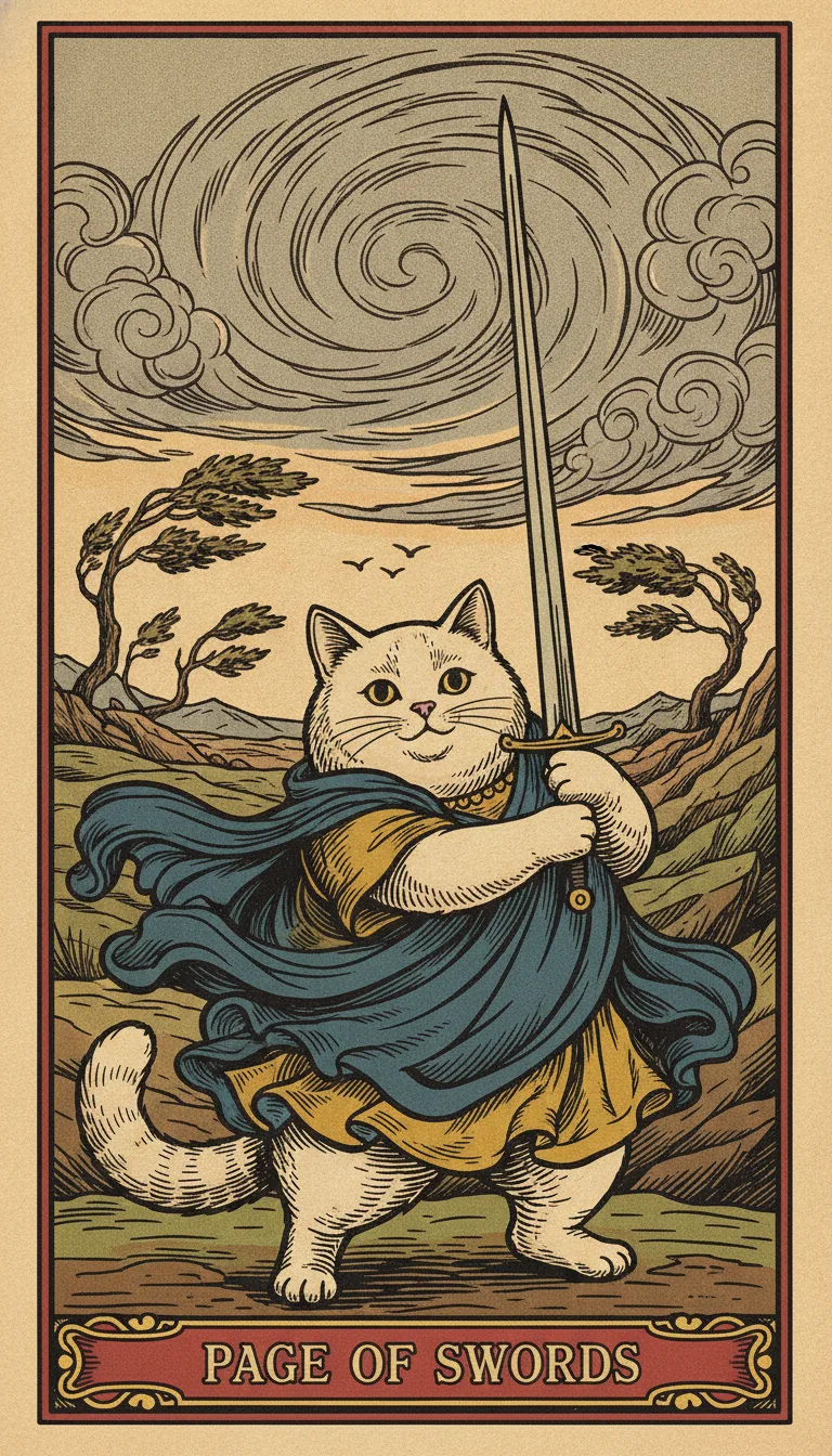 Tranh lá bài Page of Swords — phiên bản mèo béo của Tiệm Tarot