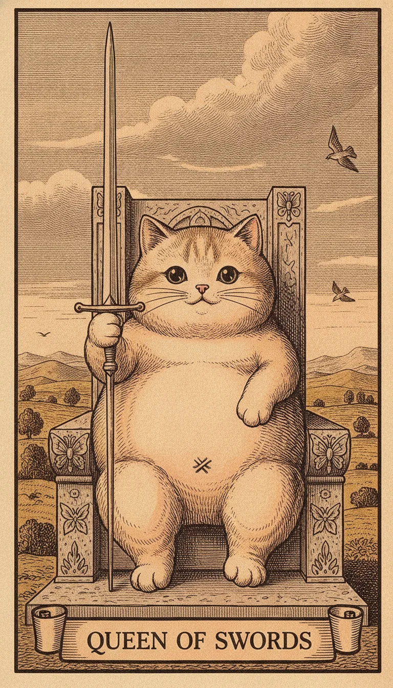 Tranh lá bài Queen of Swords — phiên bản mèo béo của Tiệm Tarot