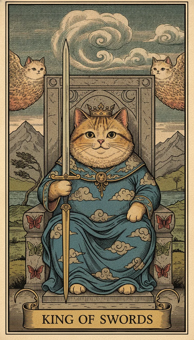 Tranh lá bài King of Swords — phiên bản mèo béo của Tiệm Tarot