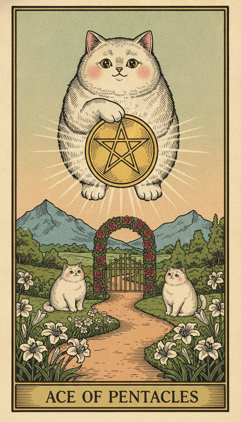 Tranh lá bài Ace of Pentacles — phiên bản mèo béo của Tiệm Tarot