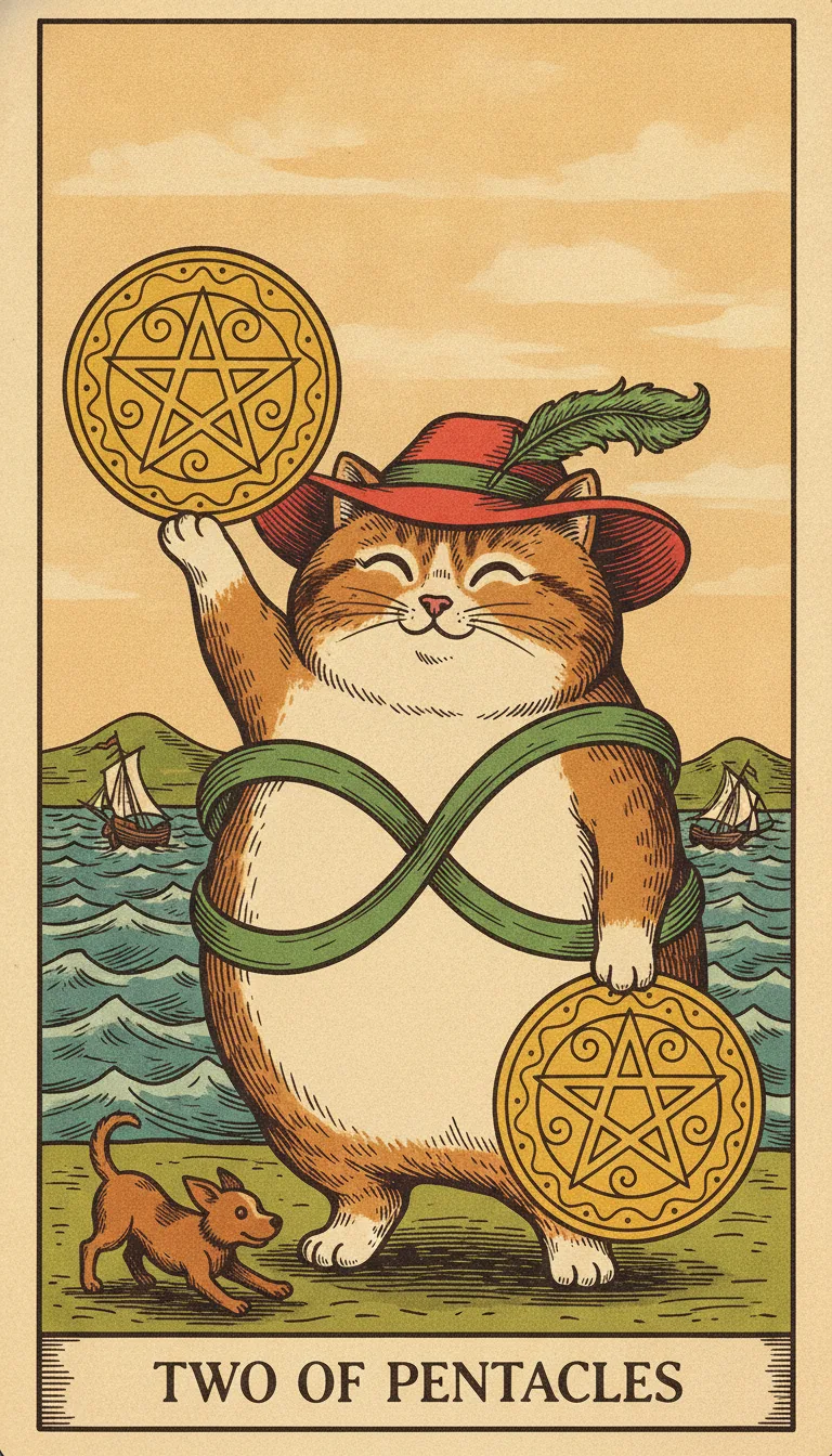 Tranh lá bài Two of Pentacles — phiên bản mèo béo của Tiệm Tarot