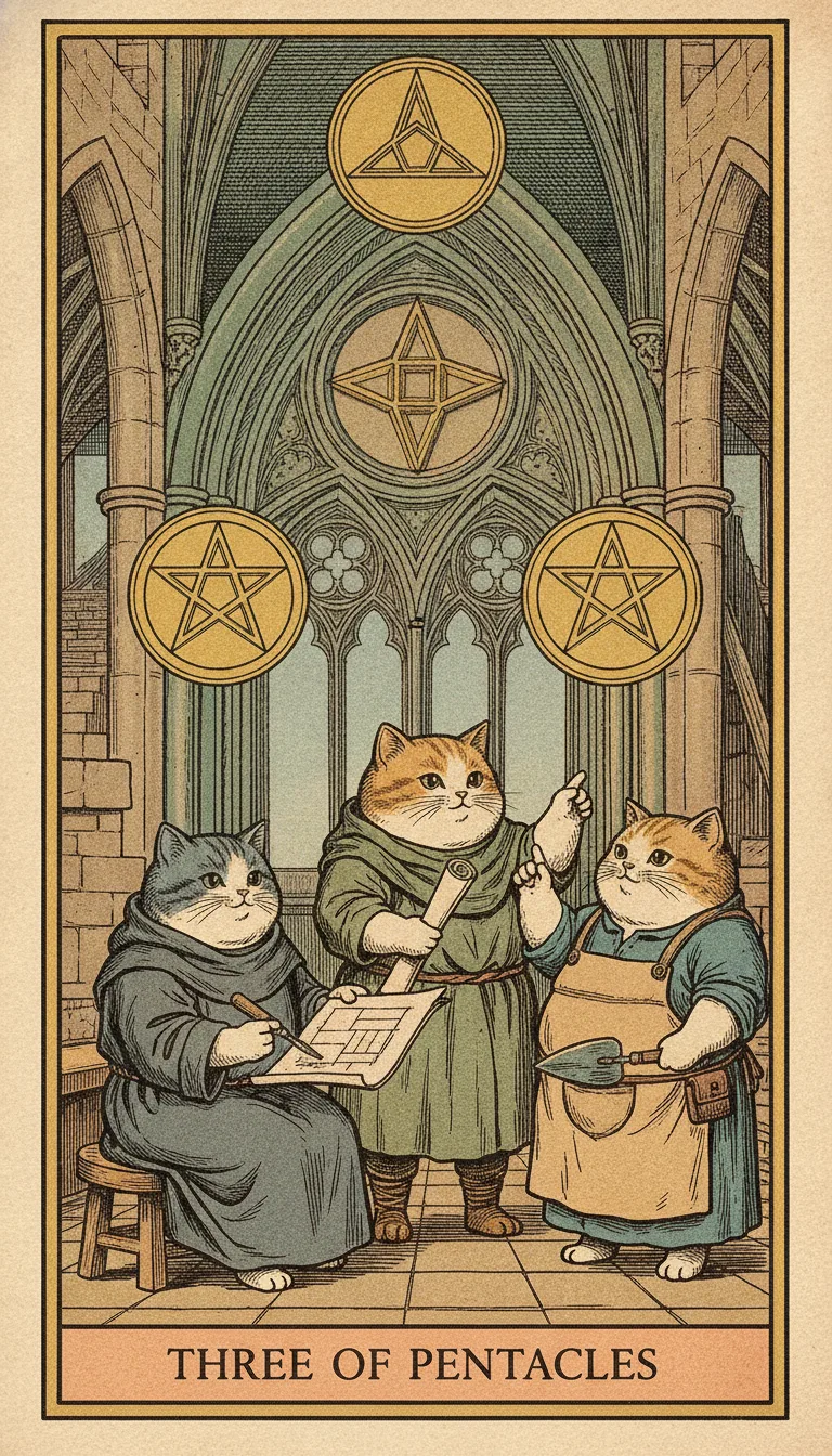 Tranh lá bài Three of Pentacles — phiên bản mèo béo của Tiệm Tarot