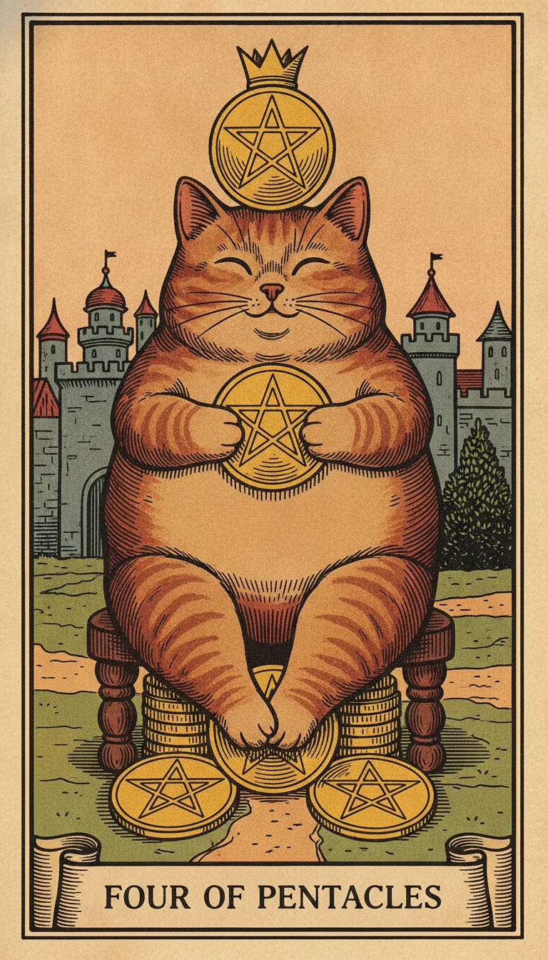 Tranh lá bài Four of Pentacles — phiên bản mèo béo của Tiệm Tarot