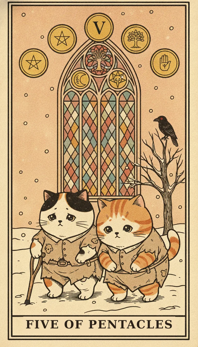 Tranh lá bài Five of Pentacles — phiên bản mèo béo của Tiệm Tarot