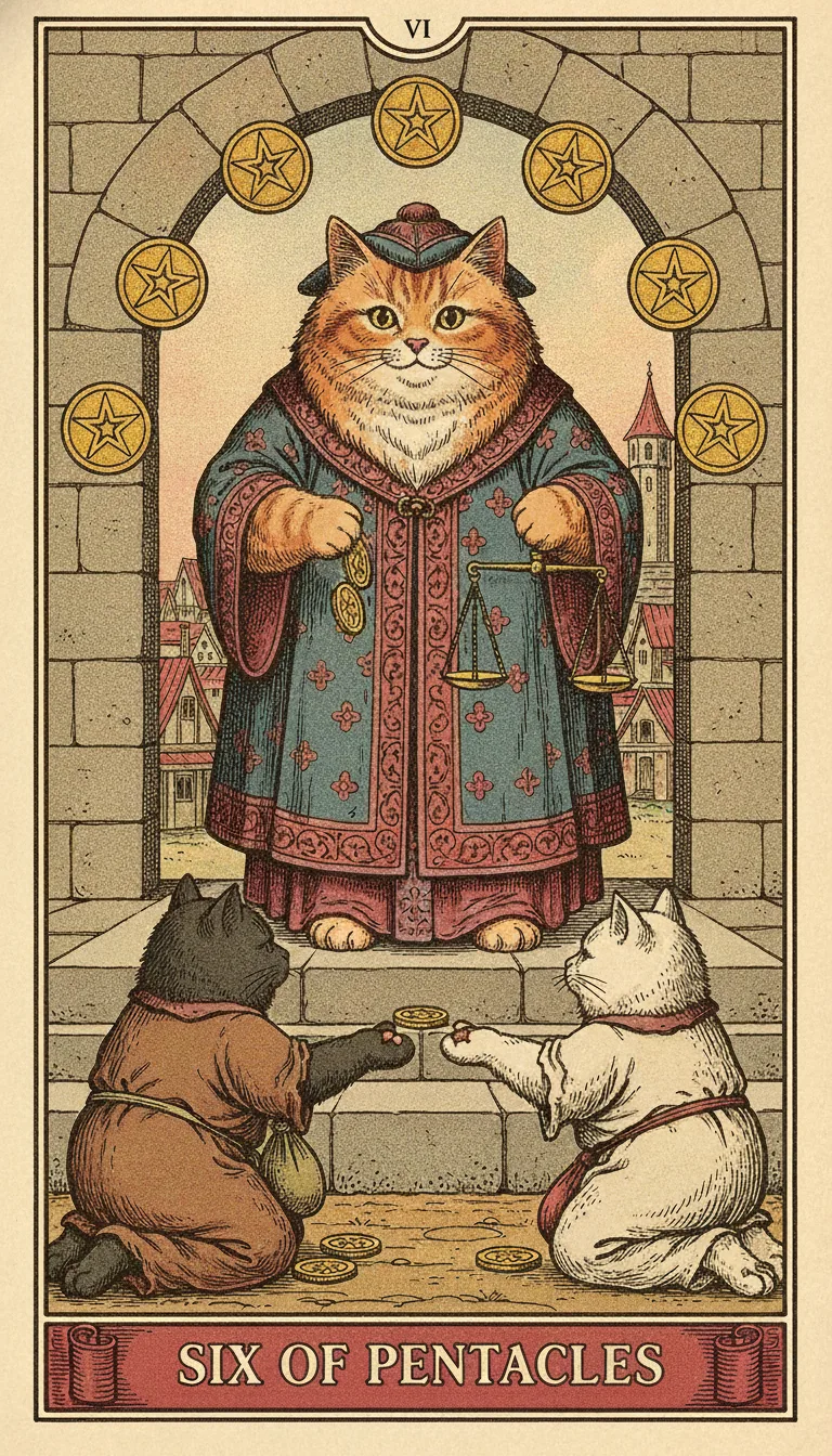 Tranh lá bài Six of Pentacles — phiên bản mèo béo của Tiệm Tarot