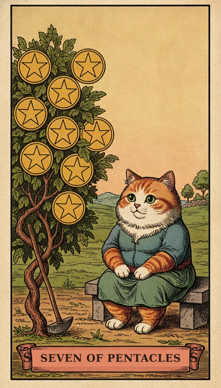 Tranh lá bài Seven of Pentacles — phiên bản mèo béo của Tiệm Tarot