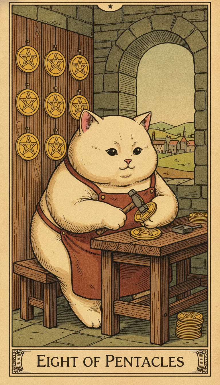 Tranh lá bài Eight of Pentacles — phiên bản mèo béo của Tiệm Tarot