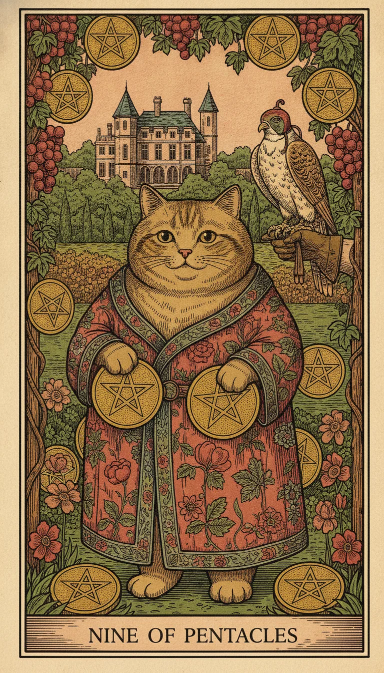 Tranh lá bài Nine of Pentacles — phiên bản mèo béo của Tiệm Tarot