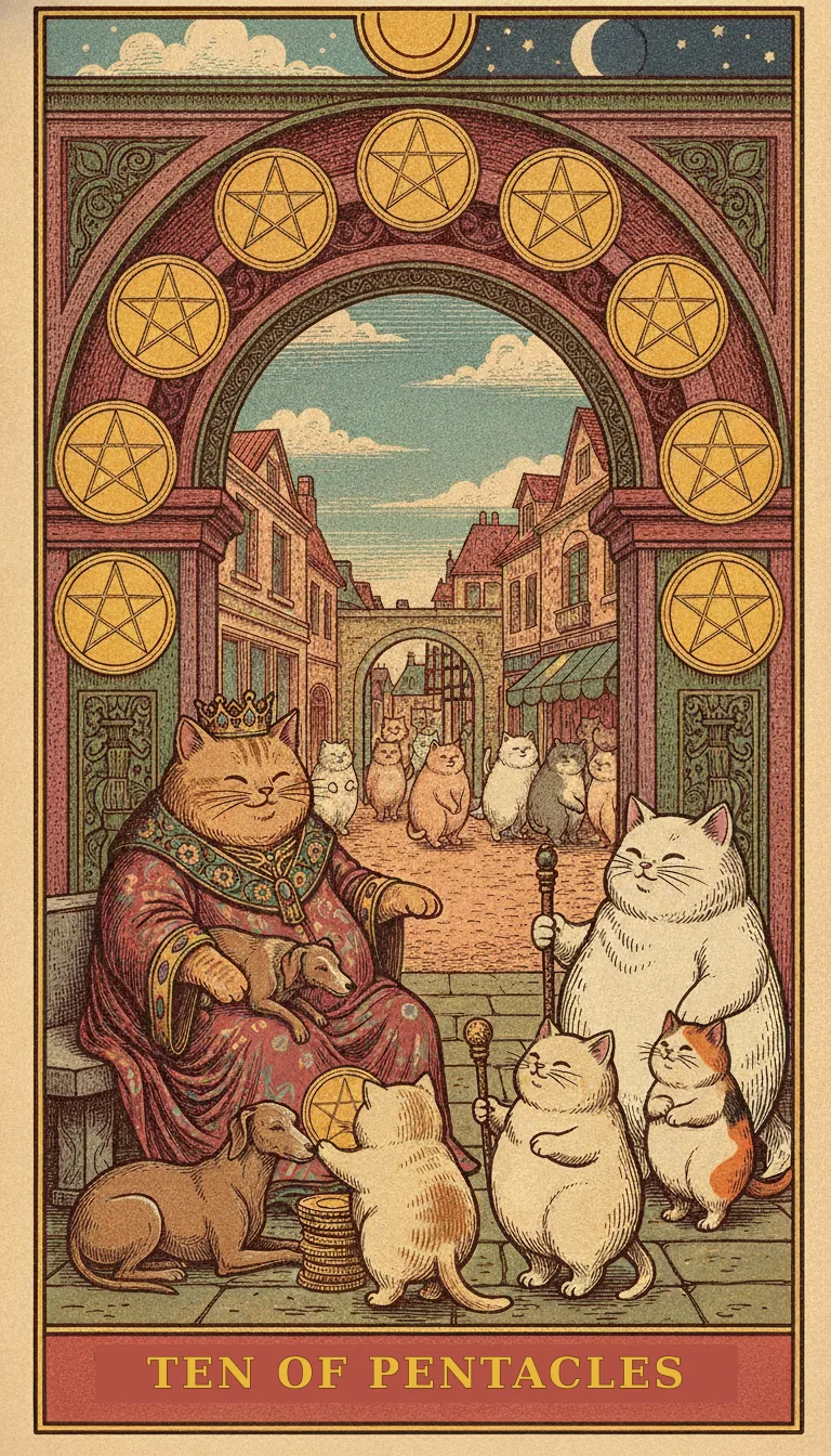Tranh lá bài Ten of Pentacles — phiên bản mèo béo của Tiệm Tarot