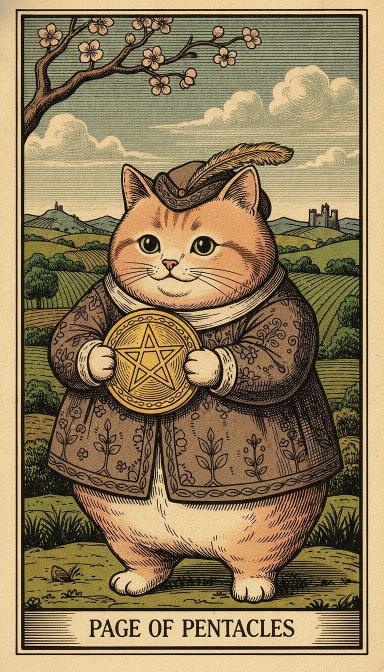 Tranh lá bài Page of Pentacles — phiên bản mèo béo của Tiệm Tarot