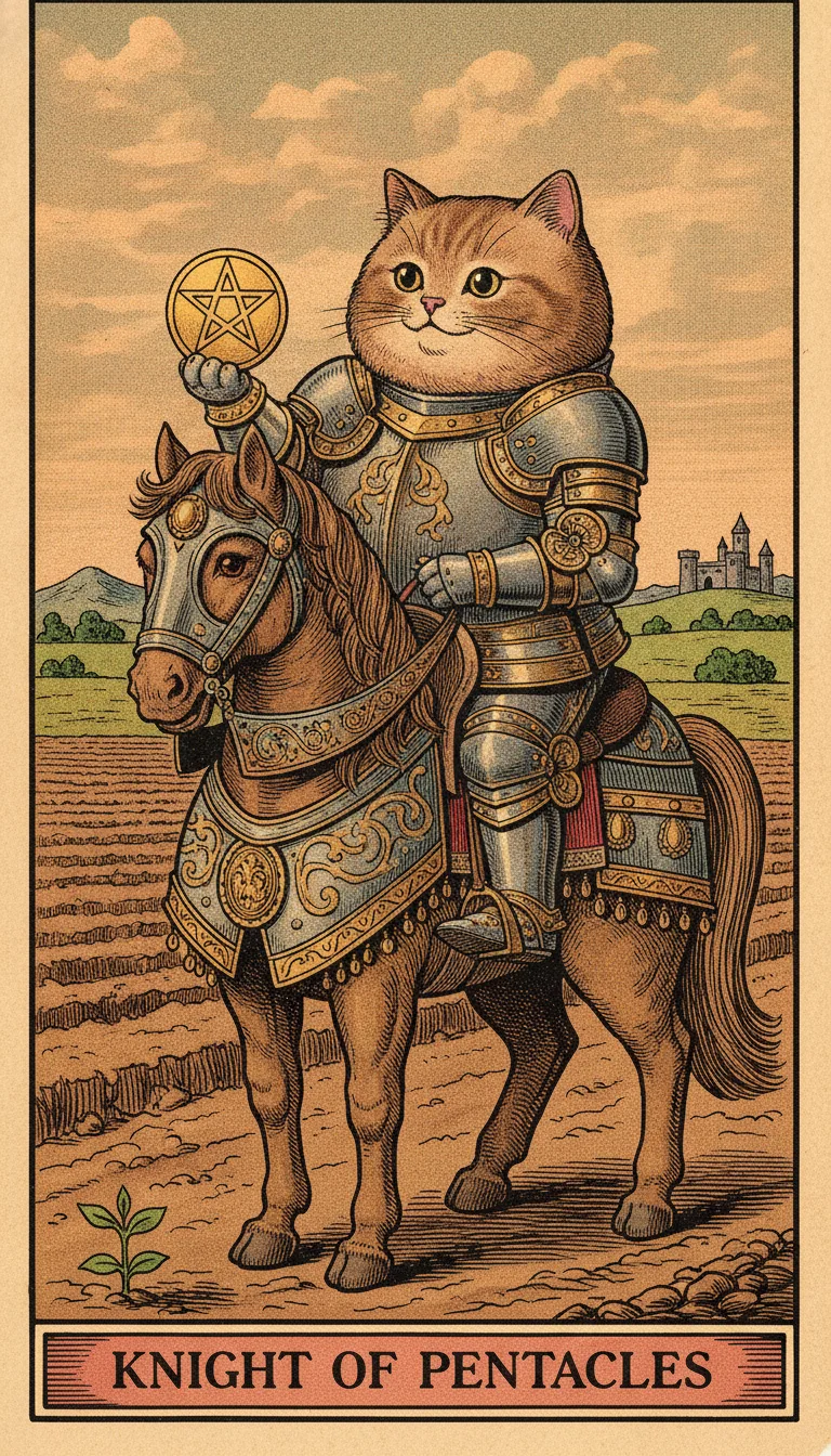 Tranh lá bài Knight of Pentacles — phiên bản mèo béo của Tiệm Tarot