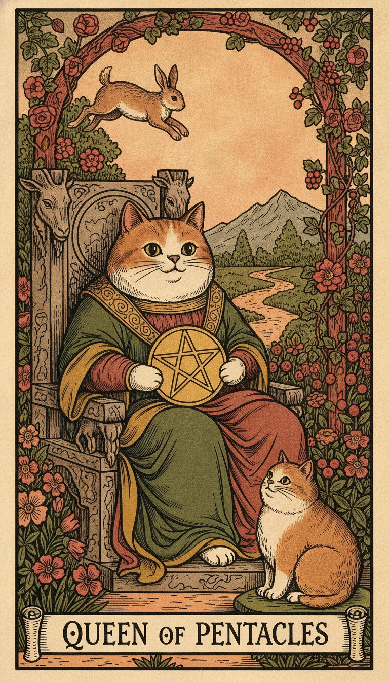 Tranh lá bài Queen of Pentacles — phiên bản mèo béo của Tiệm Tarot