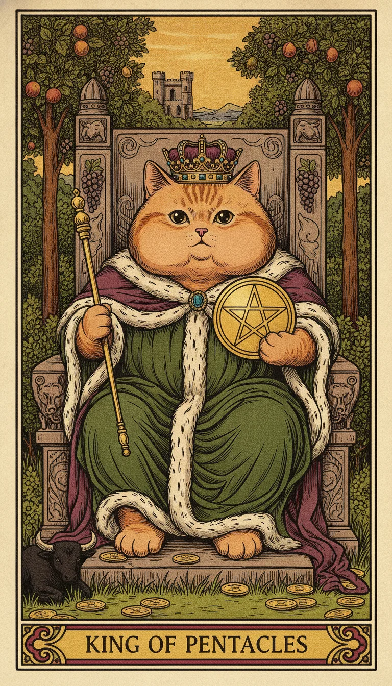 Tranh lá bài King of Pentacles — phiên bản mèo béo của Tiệm Tarot